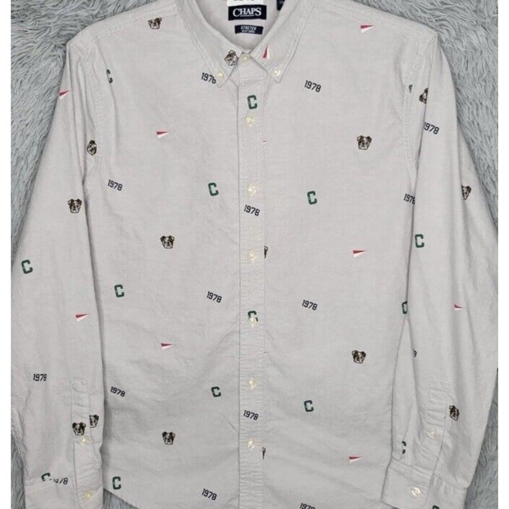 Chaps Mens Button Shirt Stretch Oxford Long Sleeve All Over Bulldog C 1978 Print - Picture 2 of 11